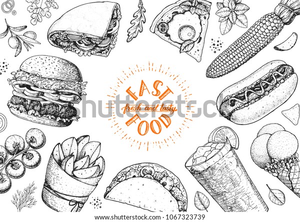 Fast Food Sketch Collection Vector Illustration Stock Vector (Royalty ...