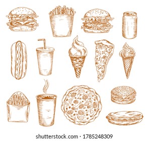 Fast food sketch icons, vector, burger, hamburger and sandwich doodle menu. Hand drawn fastfood pizza, chicken, snack and drink meals, hot dog, cheeseburger and fries, restaurant and cafe food sketch