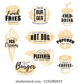 Fast food sketch label with burger, drink and dessert. Hamburger, hot dog and pizza, fries, cheeseburger and sandwich, coffee, soda, ice cream and popcorn icon for fast food cafe and pizzeria design