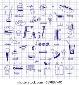 Fast food sketch on notebook sheet. Big vector set. Burgers, sandwiches, hot dogs and drinks hand-drawn.
