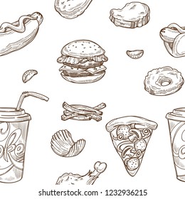 Fast food sketch pattern background. Vector seamless design of cheeseburger, hamburger burger and hot dog sandwich, pizza and ice cream or donut dessert and drinks
