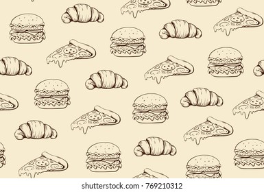 Fast food sketch pattern pastel beige color vector