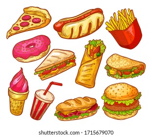 Esbozo de comida rápida, sándwiches, hamburguesas, aperitivos y bebidas, iconos vectoriales aislados. Menú de comida rápida, pizza, patatas fritas, hamburguesa, taco mexicano y perrito caliente, donut, helado postre y refrescos