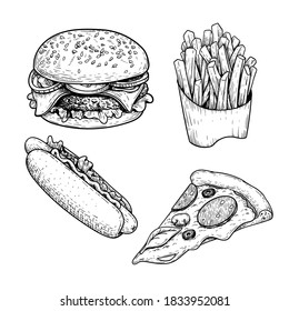 Fast food sketch set. Hamburger, french fries, hot dog and pepperoni pizza slice. Hand drawn illustrations for restaurant menu in vintage style. Isolated on white background.