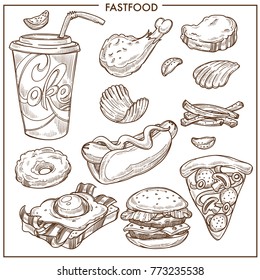 Fast food sketch vector icons burgers, pizza snacks, desserts and drinks