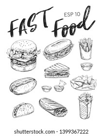 Fast food sketches. Burger, hot dog, tacos, nachos, sandwich, doner. Hand drawn sketch converted to vector