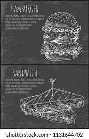 Fast food sketches of hamburger and sandwich hand drawn vector illustration. Double burger badge, sketch style for brochures and restaurant menu, cafe cover template