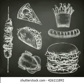 Fast food, sketches on the chalkboard vector set