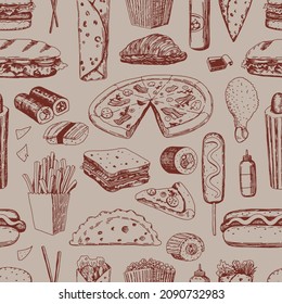 Fast food sketches seamless pattern. Delicious food ornament. Hand drawn vector illustration. Retro style design for decor, wallpaper, background, textile.