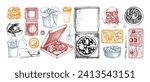 Fast food sketches set. Hand-drawn vector illustration. Burger, pizza, poke, sushi, noodles sketch. Cardboard boxes, bags for takeaway food, paper, plastic containers for food delivery. 