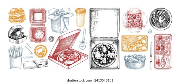 Fast food sketches set. Hand-drawn vector illustration. Burger, pizza, poke, sushi, noodles sketch. Cardboard boxes, bags for takeaway food, paper, plastic containers for food delivery. 