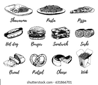 Fast food sketches vector set. Hand drawn international cuisine icons for snack bar menu, street cafe chalkboard etc. Quick meal illustrations. 