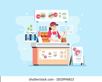 fast food small stand selling hamburger, hotdog, doughnout and beverage with woman character as cashier, wearing uniform and hat. used for poster, website image and other