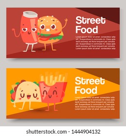 Fast food smile vector cartoon expression characters of hamburger or cheeseburger with fast-food emotion of burger or hot dog emoticon street food icons background