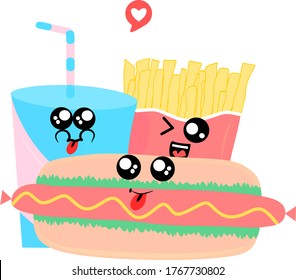 Fast food smile vector cartoon expression characters with fast-food emotion of french fries, hot dog emoticon icon and soda drink emoji illustration. Set of funny fast food characters.
