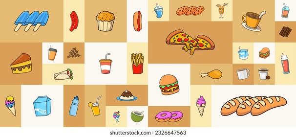 Fast Food Snack Background. Set of icons in flat geometric style. Abstract signs. Drink and Snack Vector illustration