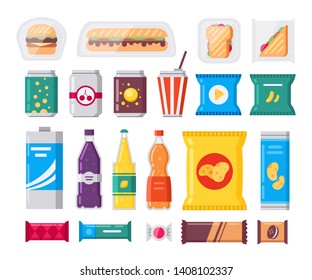 Fast food snack and drink pack, vector icons set in flat style. Vending products collection. Snacks, drinks, chips, cracker, coffee, sandwich isolated on white background.