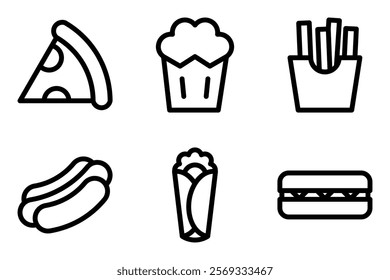 fast food and snack icon set. pizza, popcorn, french fries, hot dog, kebab and sandwich icons