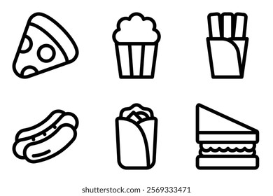 fast food and snack icon set. pizza, popcorn, french fries, hot dog, kebab and sandwich icons