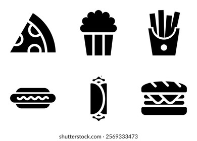 fast food and snack icon set. pizza, popcorn, french fries, hot dog, kebab and sandwich icons