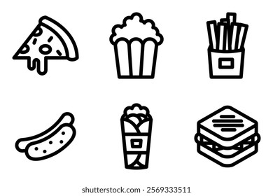 fast food and snack icon set. pizza, popcorn, french fries, hot dog, kebab and sandwich icons