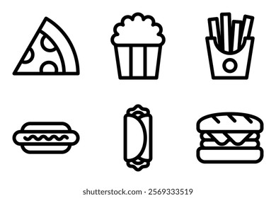 fast food and snack icon set. pizza, popcorn, french fries, hot dog, kebab and sandwich icons