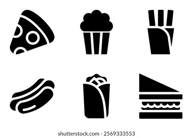 fast food and snack icon set. pizza, popcorn, french fries, hot dog, kebab and sandwich icons