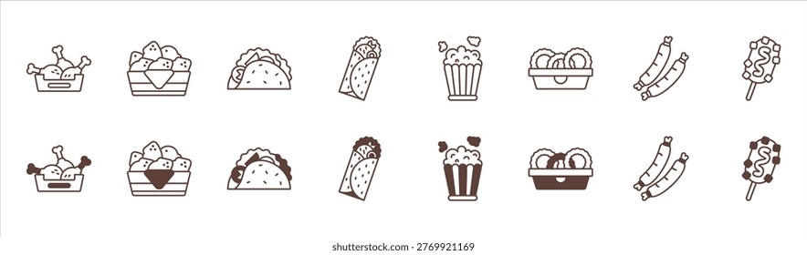Fast food snack selection icon line set fried chicken nugget popcorn onion rings sausage corn dog outline vector illustration