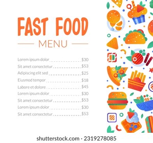 Fast Food Snack and Tasty Meal Menu with Price Vector Template
