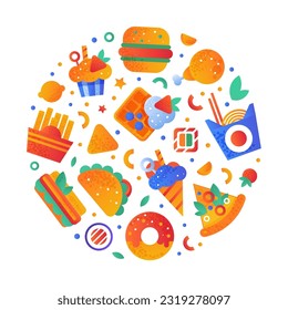 Fast Food Snack and Tasty Meal Round Arrangement Vector Template
