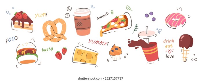 Lanches fast food, sobremesas, bebidas conjunto de ícones doodle. Hambúrguer, bolo, café, sorvete, rosquinha, pizza, cupcake, pretzel, coleção de farinha de queijo. Sinais de comida bonito ilustração de vetor plana