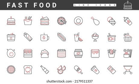 Fast Food Snacks And Drink Menu Thin Red And Black Line Icons Set Vector Illustration. Abstract Unhealthy Meal To Eat Breakfast Or Lunch In Restaurant Or Cafe, Burger Pizza Ice Cream Hot Dog Cake