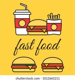 Fast food snacks and drinks flat vector icons. Fastfood icons. Snack bag vector food