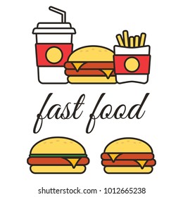 Fast food snacks and drinks flat vector icons. Fastfood icons. Snack bag vector food