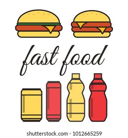 Fast food snacks and drinks flat vector icons. Fastfood icons. Snack bag vector food