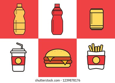 Fast food snacks and drinks flat vector icons. Fastfood icons. Snack bag vector food