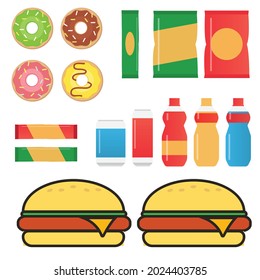 Fast food snacks and drinks flat vector icons. Fastfood icons