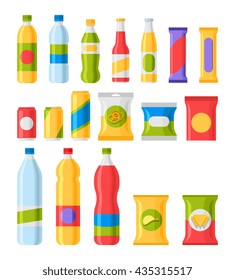 Fast food snacks and drinks flat vector icons. Vending machine products, Snack food, chip product, pack snack illustration