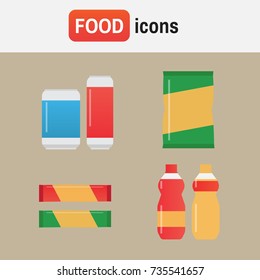 Fast food snacks and drinks flat vector icons. Fastfood icons