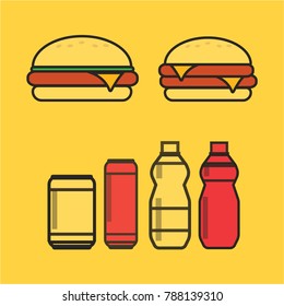 Fast food snacks and drinks flat vector icons. Fastfood icons. Snack bag vector food