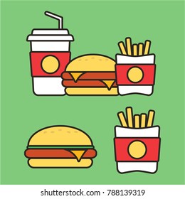 Fast food snacks and drinks flat vector icons. Fastfood icons. Snack bag vector food