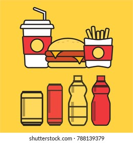Fast food snacks and drinks flat vector icons. Fastfood icons. Snack bag vector food