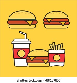 Fast food snacks and drinks flat vector icons. Fastfood icons. Snack bag vector food
