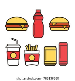 Fast food snacks and drinks flat vector icons. Fastfood icons. Snack bag vector food