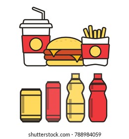 Fast food snacks and drinks flat vector icons. Fastfood icons. Snack bag vector food