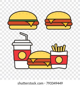 Fast food snacks and drinks flat vector icons. Fastfood icons. Snack bag vector food