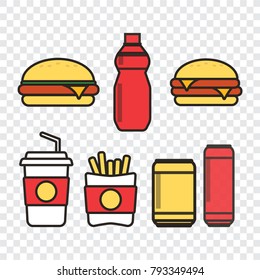 Fast food snacks and drinks flat vector icons. Fastfood icons. Snack bag vector food