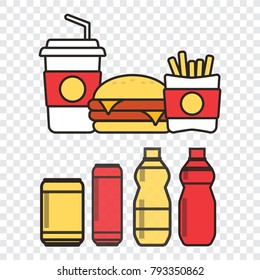 Fast food snacks and drinks flat vector icons. Fastfood icons. Snack bag vector food