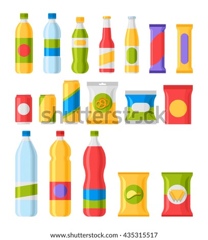 Fast food snacks and drinks flat vector icons. Vending machine products, Snack food, chip product, pack snack illustration
