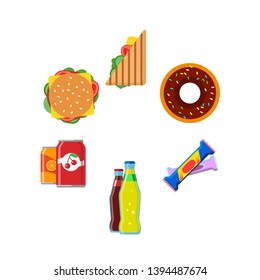 Fast food, snacks, drinks. Hamburger, sandwitch, chocolate bar. Set of colorful flat icons. Isolated vector.